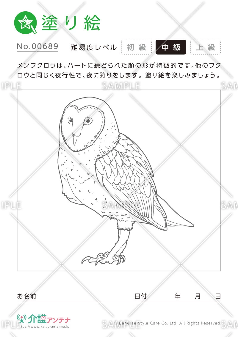 塗り絵「メンフクロウ（動物）」 - No.00689(高齢者向け塗り絵の介護レク素材)