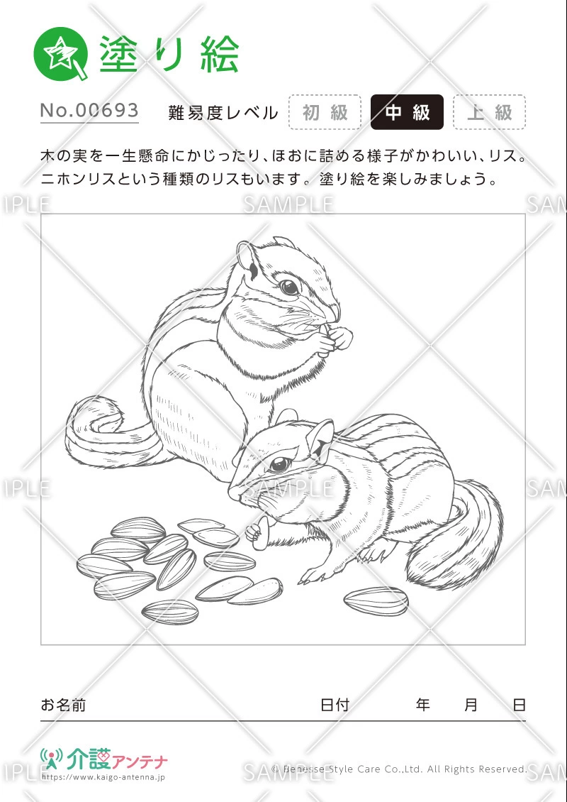 塗り絵「リス（動物）」 - No.00693(高齢者向け塗り絵の介護レク素材)