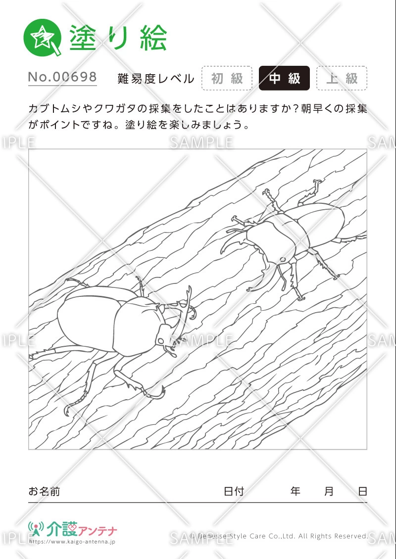 塗り絵「カブトムシとクワガタ」 - No.00698(高齢者向け塗り絵の介護レク素材)