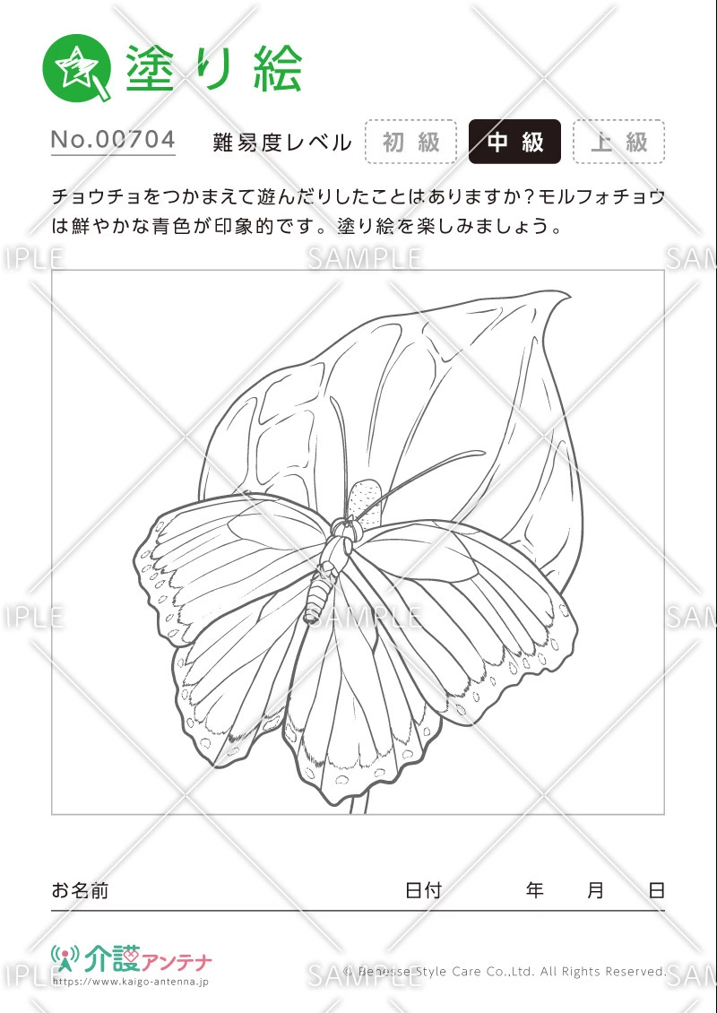 塗り絵「チョウチョ」 - No.00704(高齢者向け塗り絵の介護レク素材)