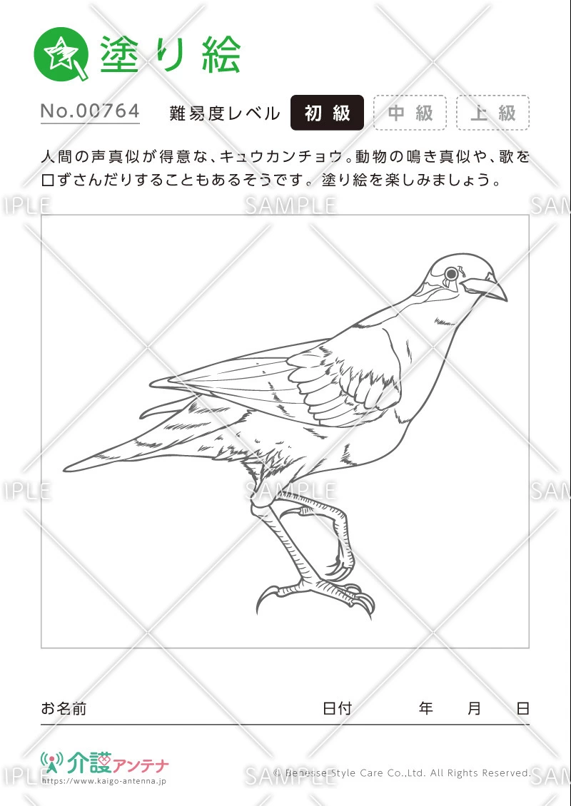 塗り絵「キュウカンチョウ（動物）」 - No.00764(高齢者向け塗り絵の介護レク素材)