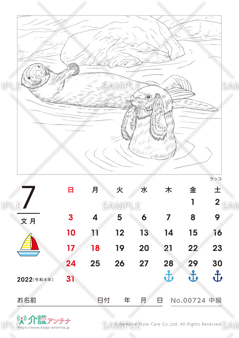 2022年7月の塗り絵カレンダー「ラッコ（動物・海の生物）」 - No.00724