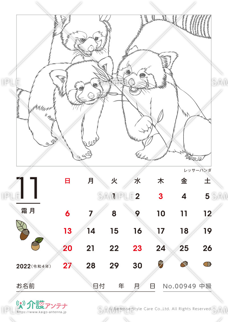 2022年11月の塗り絵カレンダー「レッサーパンダ（動物）」 - No.00949(高齢者向けカレンダー作りの介護レク素材)