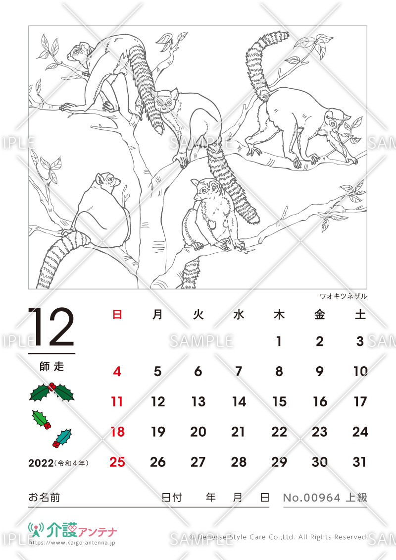 2022年12月の塗り絵カレンダー「ワオキツネザル（動物）」 - No.00964(高齢者向けカレンダー作りの介護レク素材)