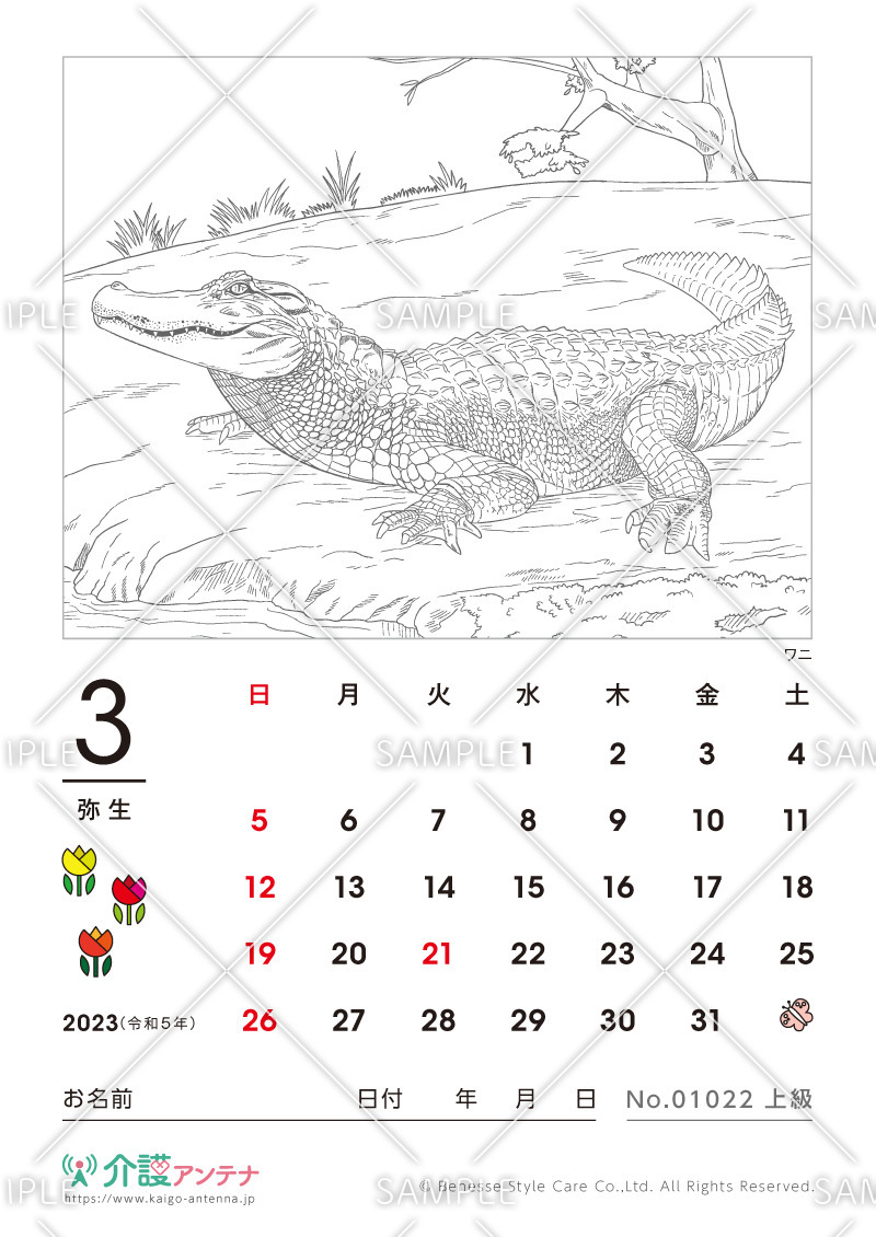 2023年3月の塗り絵カレンダー「ワニ（動物）」 - No.01022(高齢者向けカレンダー作りの介護レク素材)