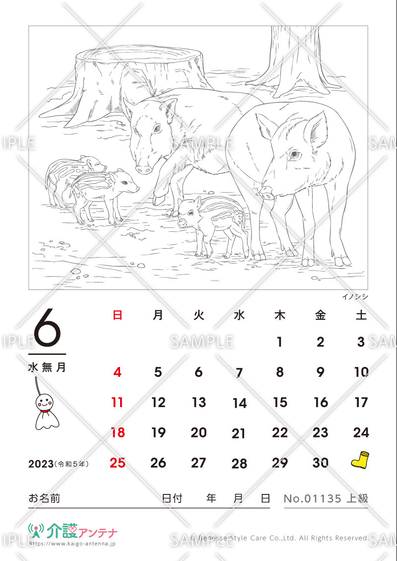 2023年6月の塗り絵カレンダー「イノシシ（動物）」 - No.01135(高齢者向けカレンダー作りの介護レク素材)