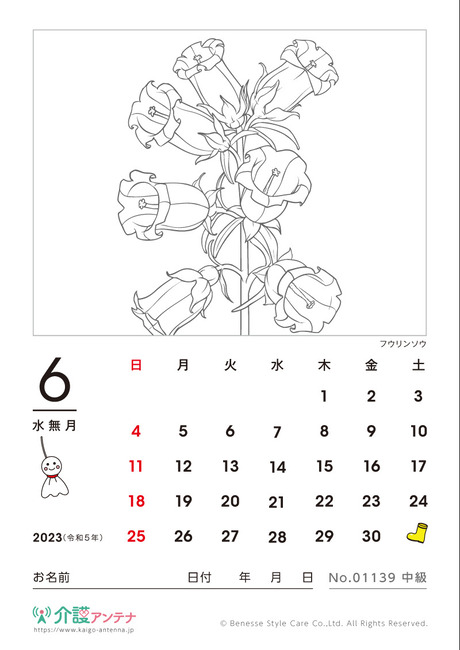 2023年6月の塗り絵カレンダー「フウリンソウ（花・植物）」 - No.01139(高齢者向けカレンダー作りの介護レク素材)
