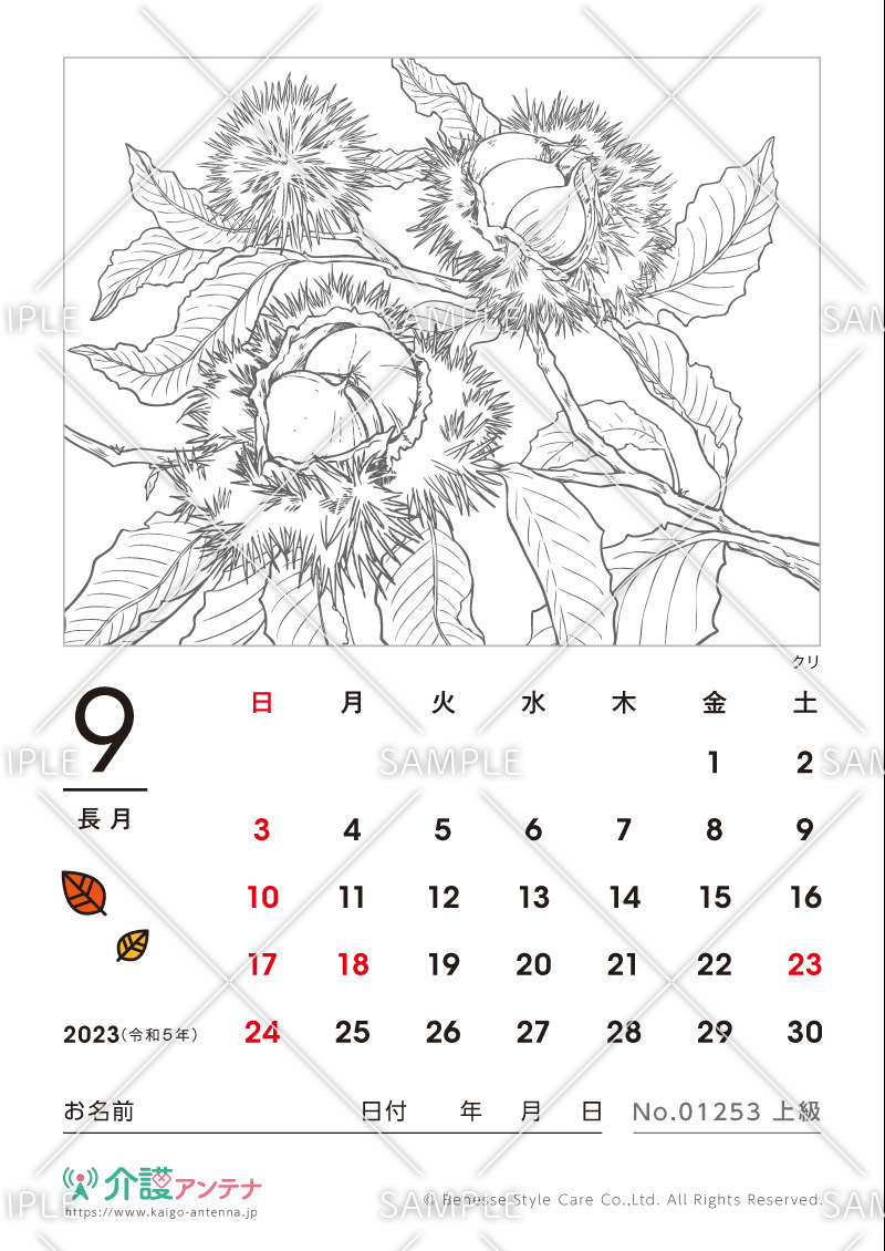 2023年9月の塗り絵カレンダー「クリ（植物）」 - No.01253(高齢者向けカレンダー作りの介護レク素材)