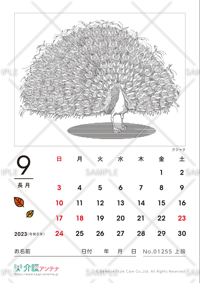 2023年9月の塗り絵カレンダー「クジャク（鳥・動物）」 - No.01255(高齢者向けカレンダー作りの介護レク素材)