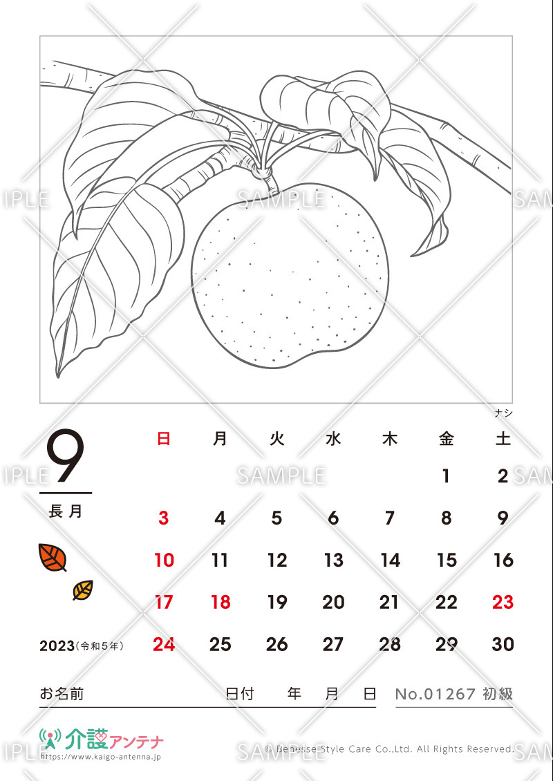 2023年9月の塗り絵カレンダー「ナシ（植物）」 - No.01267(高齢者向けカレンダー作りの介護レク素材)