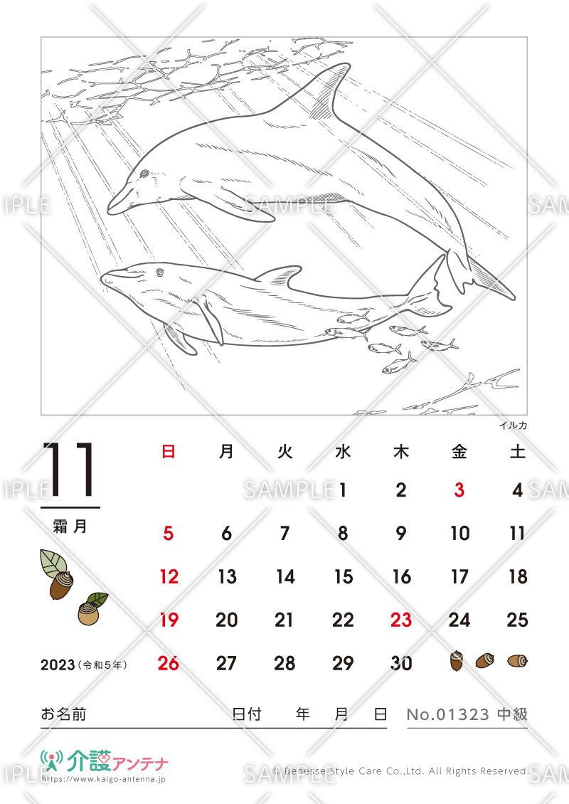 2023年11月の塗り絵カレンダー「イルカ（動物・海の生物）」 - No.01323(高齢者向けカレンダー作りの介護レク素材)