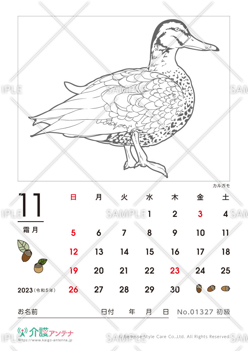 2023年11月の塗り絵カレンダー「カルガモ（鳥・動物）」 - No.01327(高齢者向けカレンダー作りの介護レク素材)