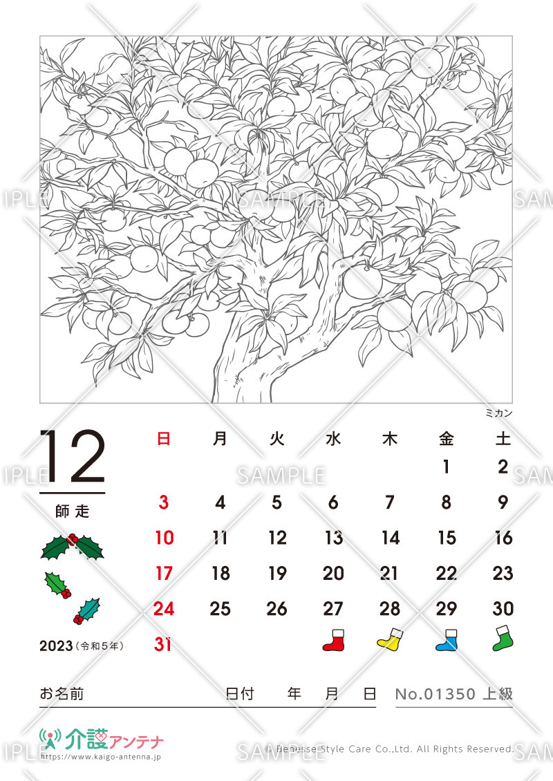 2023年12月の塗り絵カレンダー「ミカン（植物）」 - No.01350(高齢者向けカレンダー作りの介護レク素材)