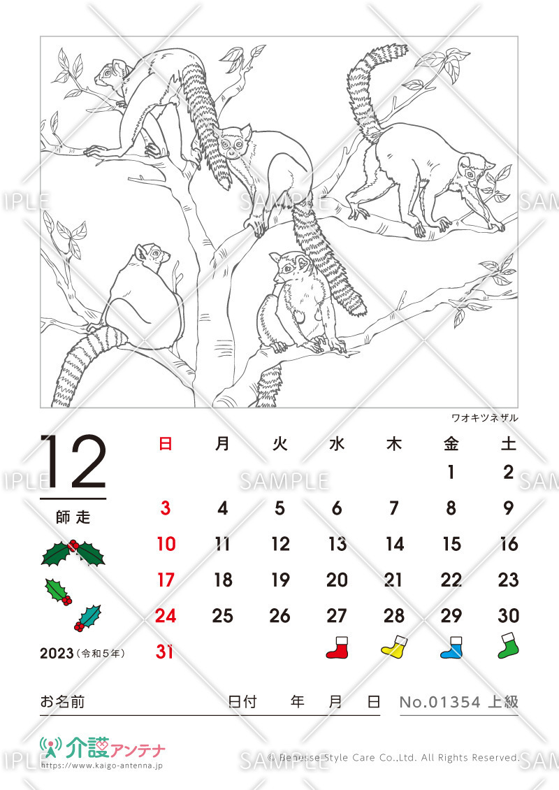 2023年12月の塗り絵カレンダー「ワオキツネザル（動物）」 - No.01354(高齢者向けカレンダー作りの介護レク素材)