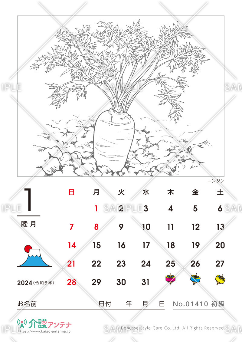 2024年1月の塗り絵カレンダー「ニンジン（植物）」 - No.01410(高齢者向けカレンダー作りの介護レク素材)