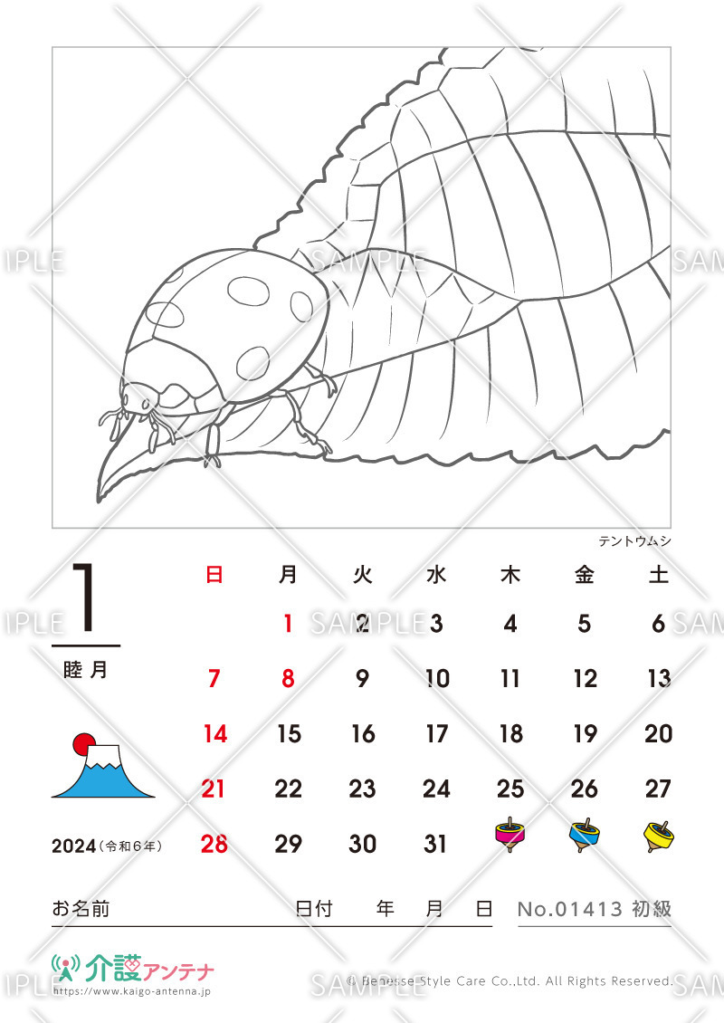 2024年1月の塗り絵カレンダー「テントウムシ（動物）」 - No.01413(高齢者向けカレンダー作りの介護レク素材)