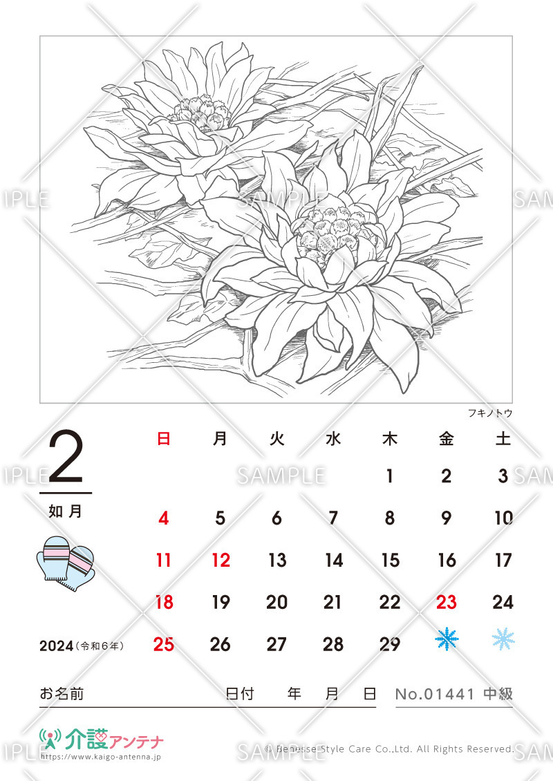 2024年2月の塗り絵カレンダー「フキノトウ（植物）」 - No.01441(高齢者向けカレンダー作りの介護レク素材)