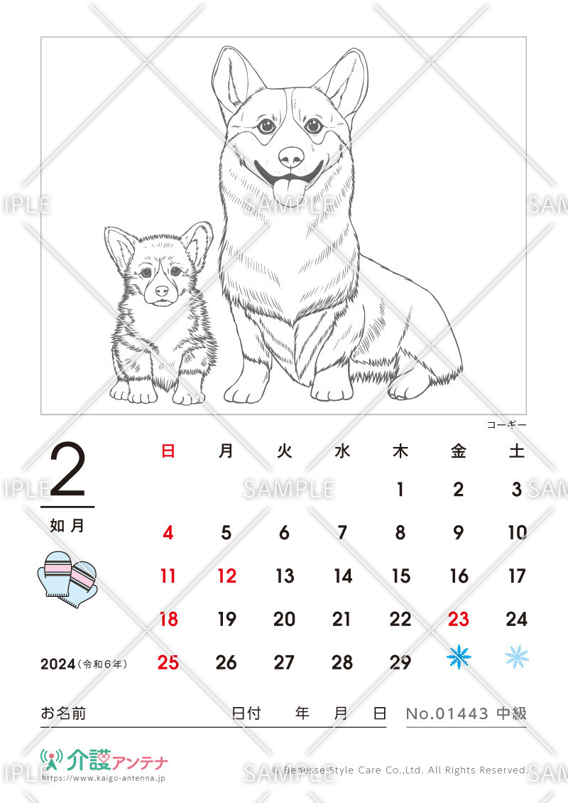 2024年2月の塗り絵カレンダー「コーギー（犬・動物）」 - No.01443(高齢者向けカレンダー作りの介護レク素材)