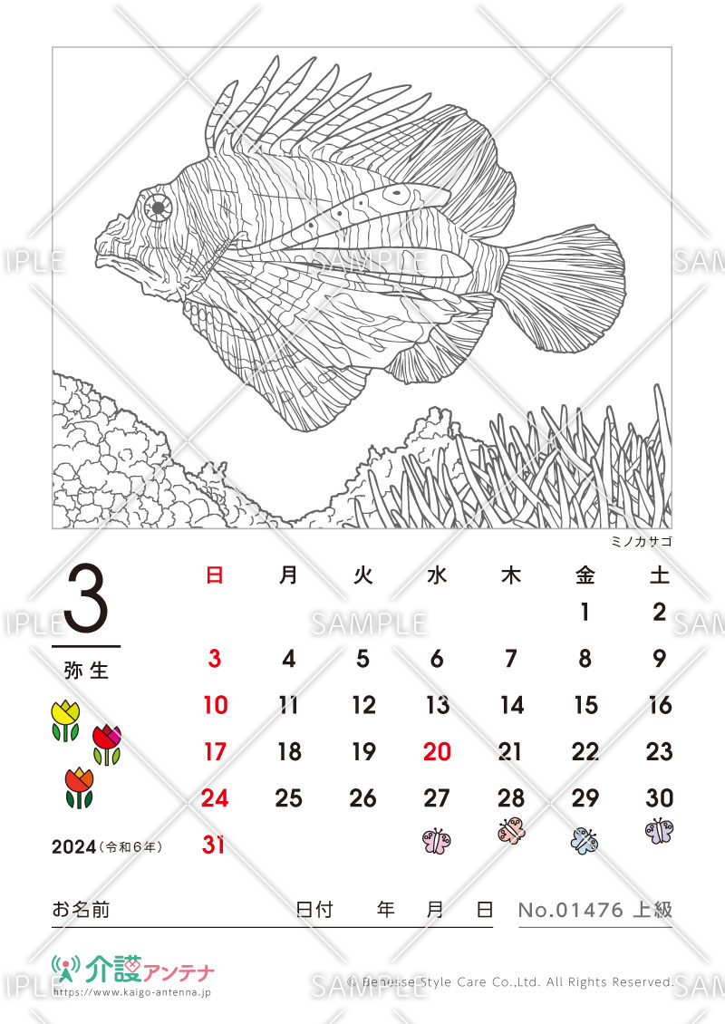 2024年3月の塗り絵カレンダー「ミノカサゴ（動物・海の生物）」 - No.01476(高齢者向けカレンダー作りの介護レク素材)