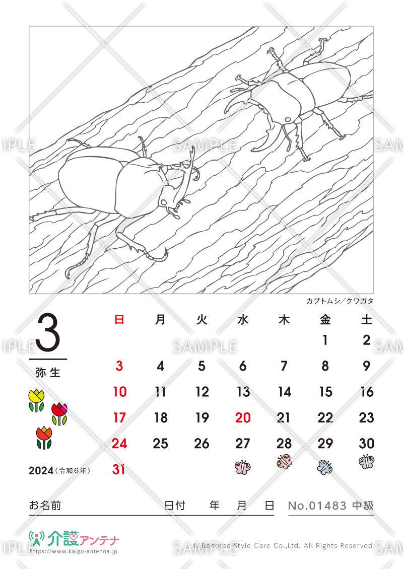 2024年3月の塗り絵カレンダー「カブトムシ／クワガタ（動物）」 - No.01483(高齢者向けカレンダー作りの介護レク素材)