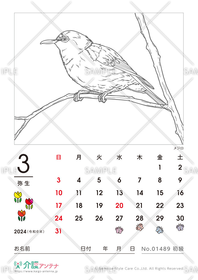 2024年3月の塗り絵カレンダー「メジロ（鳥・動物）」 - No.01489(高齢者向けカレンダー作りの介護レク素材)