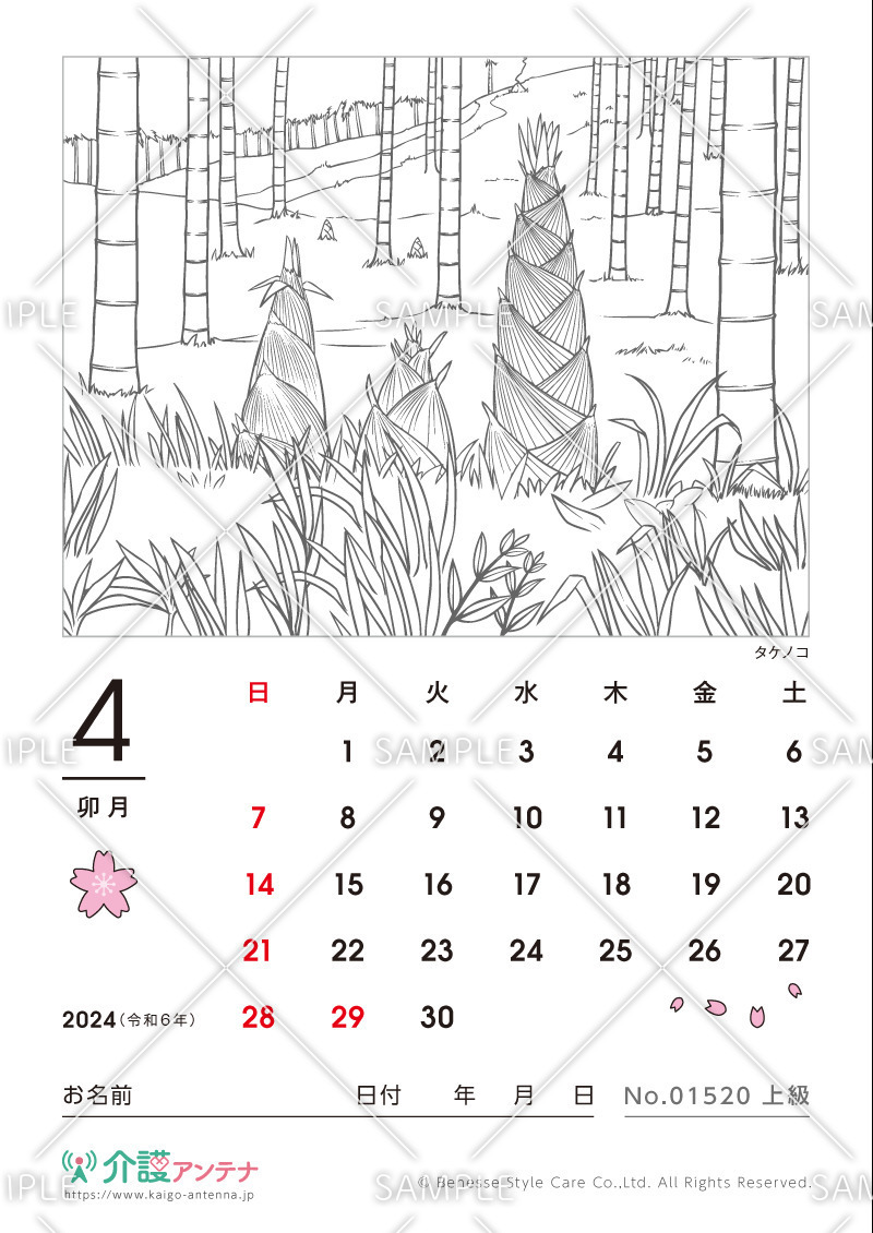 2024年4月の塗り絵カレンダー「タケノコ（植物）」 - No.01520(高齢者向けカレンダー作りの介護レク素材)