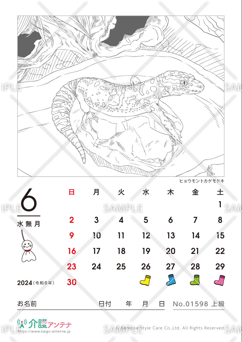 2024年6月の塗り絵カレンダー「ヒョウモントカゲモドキ（動物）」 - No.01598(高齢者向けカレンダー作りの介護レク素材)