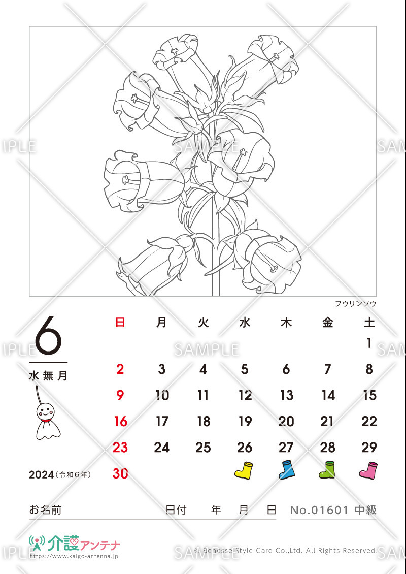 2024年6月の塗り絵カレンダー「フウリンソウ（花・植物）」 - No.01601(高齢者向けカレンダー作りの介護レク素材)