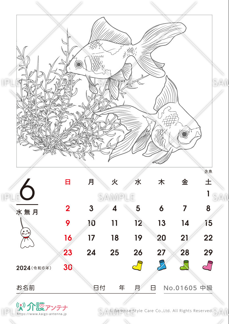 2024年6月の塗り絵カレンダー「金魚（魚）」 - No.01605(高齢者向けカレンダー作りの介護レク素材)