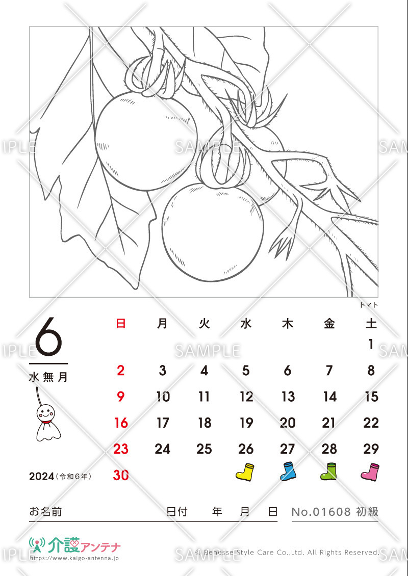 2024年6月の塗り絵カレンダー「トマト（植物）」 - No.01608(高齢者向けカレンダー作りの介護レク素材)