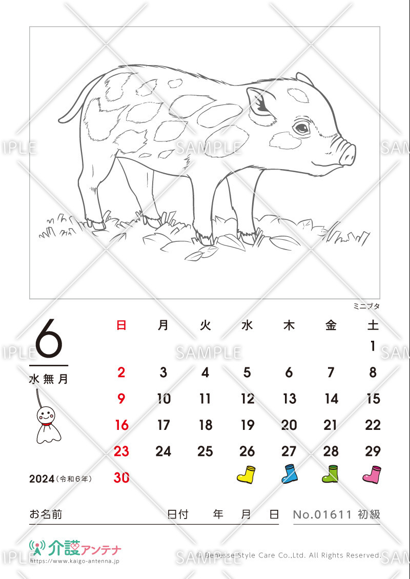 2024年6月の塗り絵カレンダー「ミニブタ（動物）」 - No.01611(高齢者向けカレンダー作りの介護レク素材)