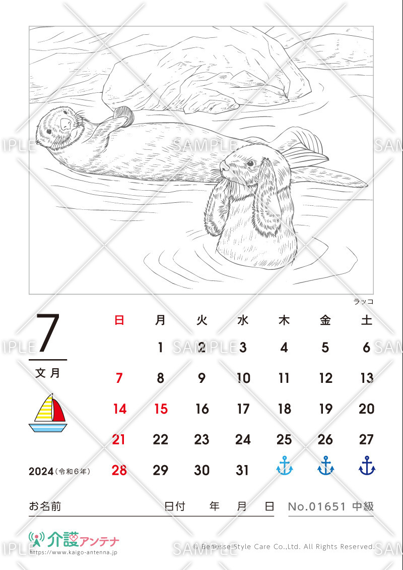 2024年7月の塗り絵カレンダー「ラッコ（動物・海の生物）」 - No.01651(高齢者向けカレンダー作りの介護レク素材)