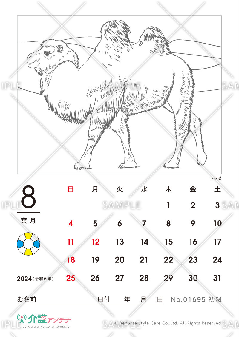 2024年8月の塗り絵カレンダー「ラクダ（動物）」 - No.01695(高齢者向けカレンダー作りの介護レク素材)