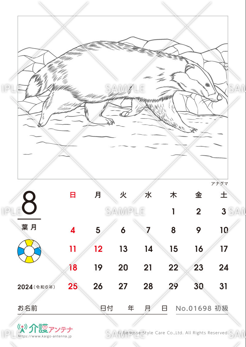 2024年8月の塗り絵カレンダー「アナグマ（動物）」 - No.01698(高齢者向けカレンダー作りの介護レク素材)