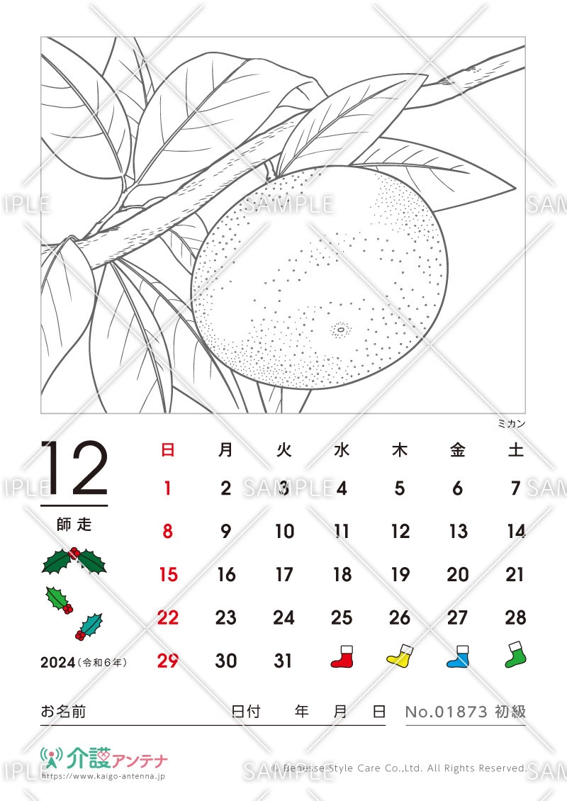 2024年12月の塗り絵カレンダー「ミカン（植物）」 - No.01873(高齢者向けカレンダー作りの介護レク素材)