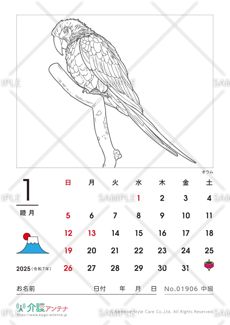 2025年1月の塗り絵カレンダー「オウム（鳥・動物）」 - No.01906(高齢者向けカレンダー作りの介護レク素材)