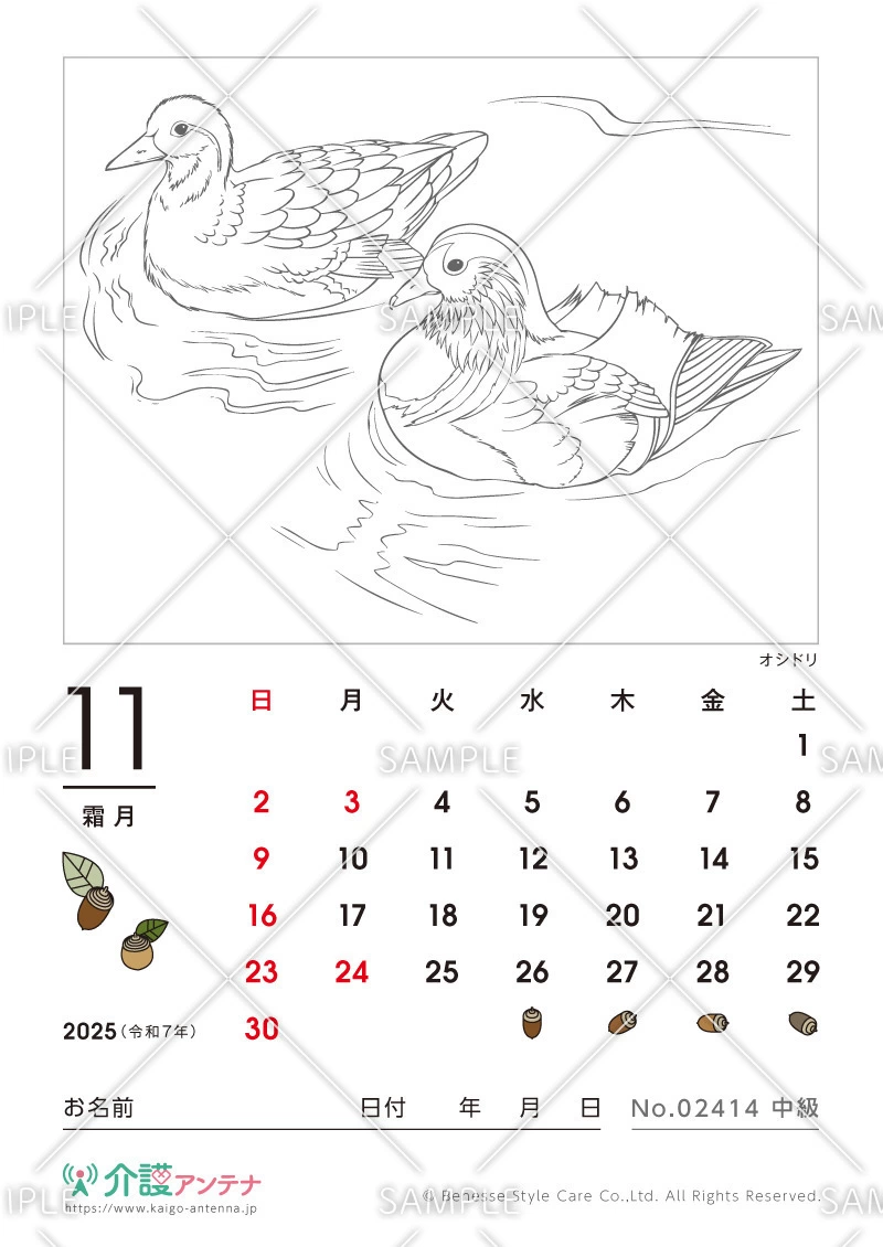 2025年11月の塗り絵カレンダー「オシドリ（鳥・動物）」 - No.02414(高齢者向けカレンダー作りの介護レク素材)