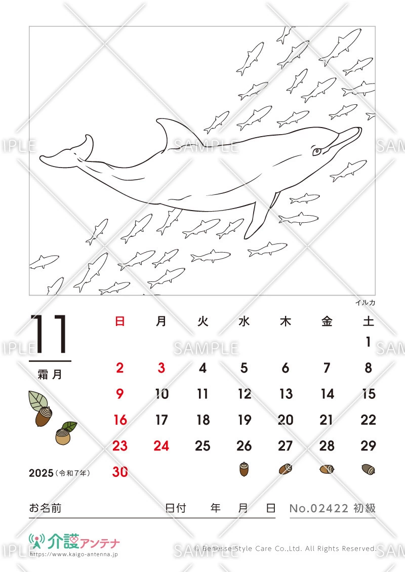 2025年11月の塗り絵カレンダー「イルカ（動物・海の生物）」 - No.02422(高齢者向けカレンダー作りの介護レク素材)