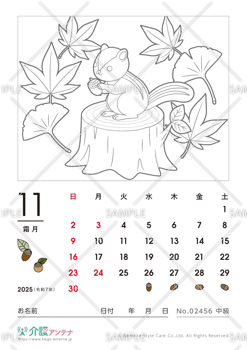 2025年11月の塗り絵カレンダー「かわいいリスとどんぐり」 - No.02456(高齢者向けカレンダー作りの介護レク素材)
