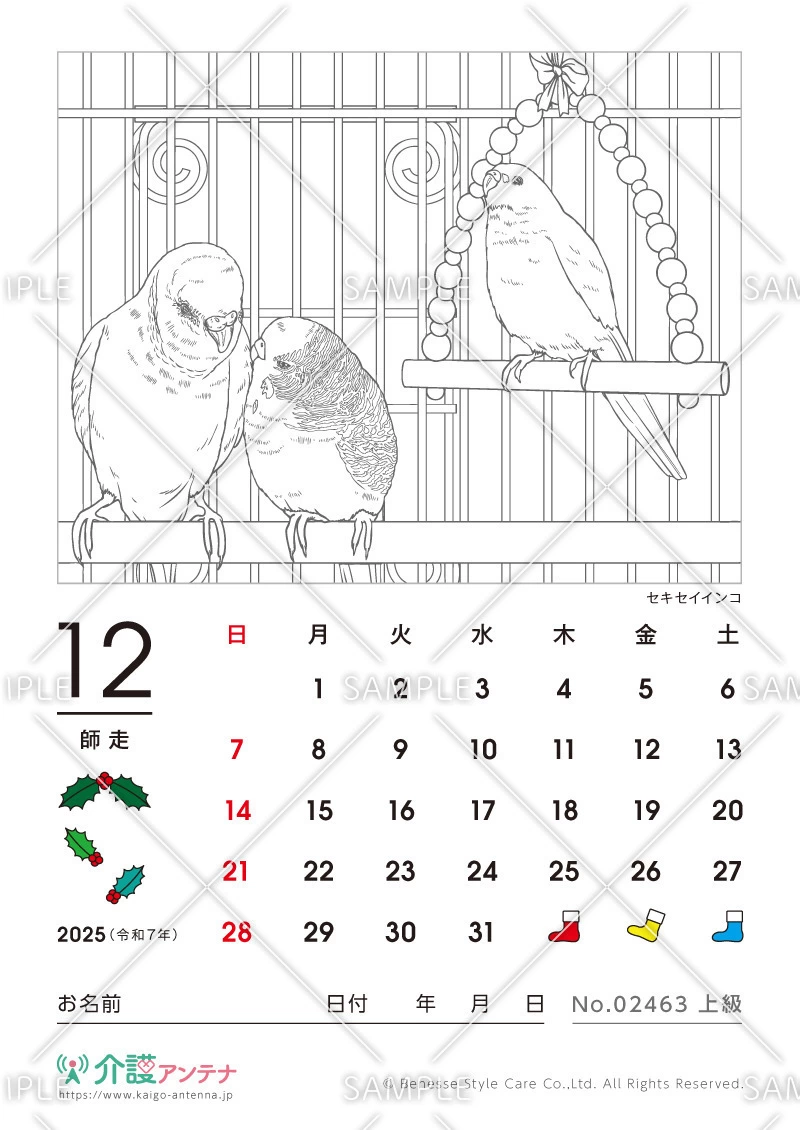 2025年12月の塗り絵カレンダー「セキセイインコ（鳥・動物）」 - No.02463(高齢者向けカレンダー作りの介護レク素材)