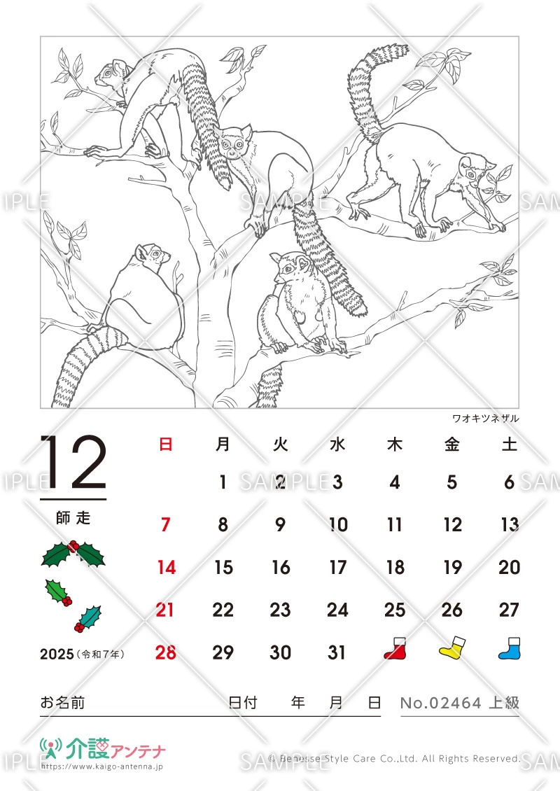 2025年12月の塗り絵カレンダー「ワオキツネザル（動物）」 - No.02464(高齢者向けカレンダー作りの介護レク素材)