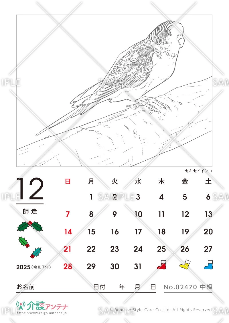 2025年12月の塗り絵カレンダー「セキセイインコ（鳥・動物）」 - No.02470(高齢者向けカレンダー作りの介護レク素材)