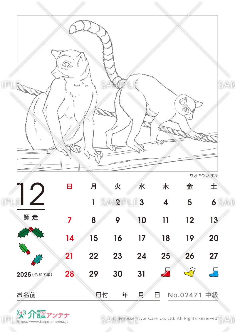 2025年12月の塗り絵カレンダー「ワオキツネザル（動物）」 - No.02471(高齢者向けカレンダー作りの介護レク素材)