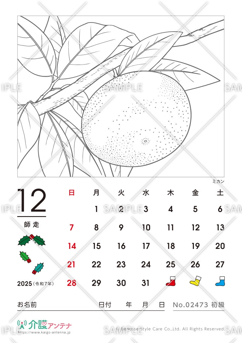 2025年12月の塗り絵カレンダー「ミカン（植物）」 - No.02473(高齢者向けカレンダー作りの介護レク素材)