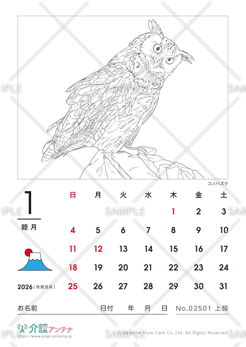 2026年1月の塗り絵カレンダー「コノハズク（鳥・動物）」 - No.02501(高齢者向けカレンダー作りの介護レク素材)