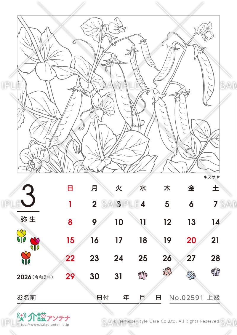 2026年3月の塗り絵カレンダー「キヌサヤ（植物）」 - No.02591(高齢者向けカレンダー作りの介護レク素材)