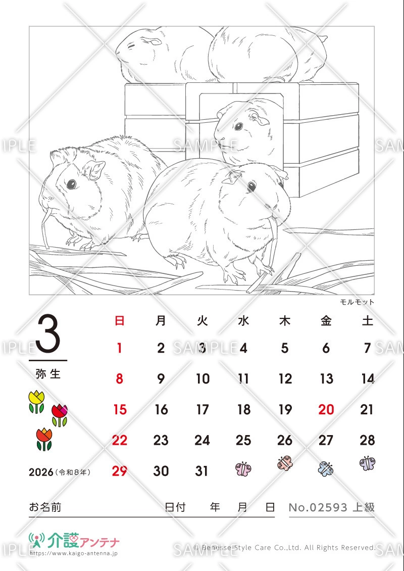 2026年3月の塗り絵カレンダー「モルモット（動物）」 - No.02593(高齢者向けカレンダー作りの介護レク素材)