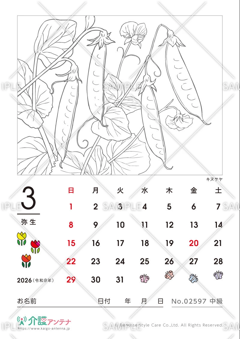 2026年3月の塗り絵カレンダー「キヌサヤ（植物）」 - No.02597(高齢者向けカレンダー作りの介護レク素材)