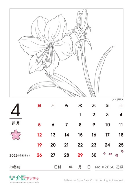 2026年4月の塗り絵カレンダー「アマリリス」 - No.02660 (初級/カレンダー作りの介護レク素材)