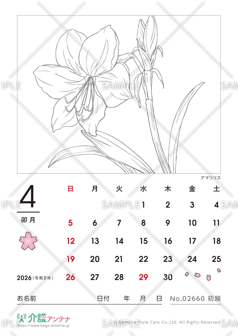 2026年4月の塗り絵カレンダー「アマリリス」 - No.02660
